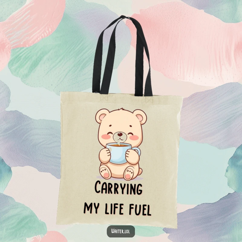 Funny bear cub tote bag with a sweet cub carefully holding a steaming coffee cup, ideal for shopping.