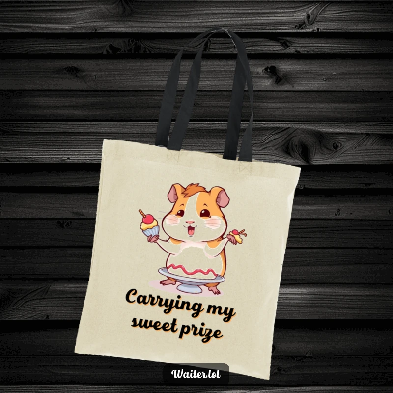 Funny tote bag depicting a wobbly guinea pig attempting to balance a dessert with flair, ideal for carrying goodies with humorous charm.
