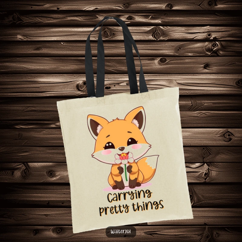 Funny tote bag with a happy fox with a beaming smile delivering a single perfect flower, ideal for daily use.