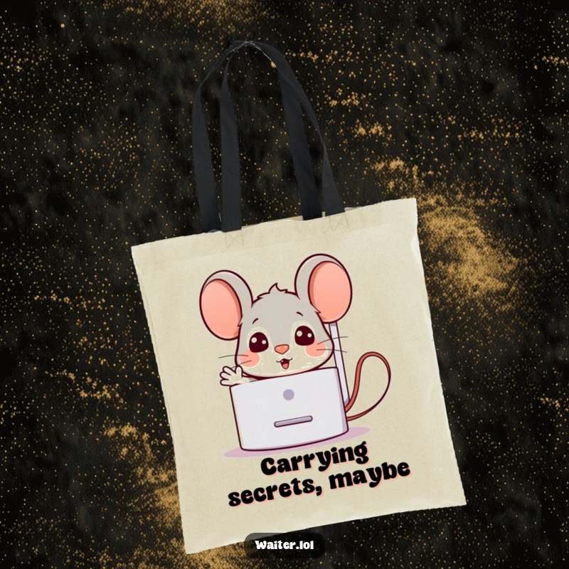 Funny Tote Bag with a surprised mouse popping out from behind a napkin dispenser with a welcoming gesture, perfect for carrying with charm.