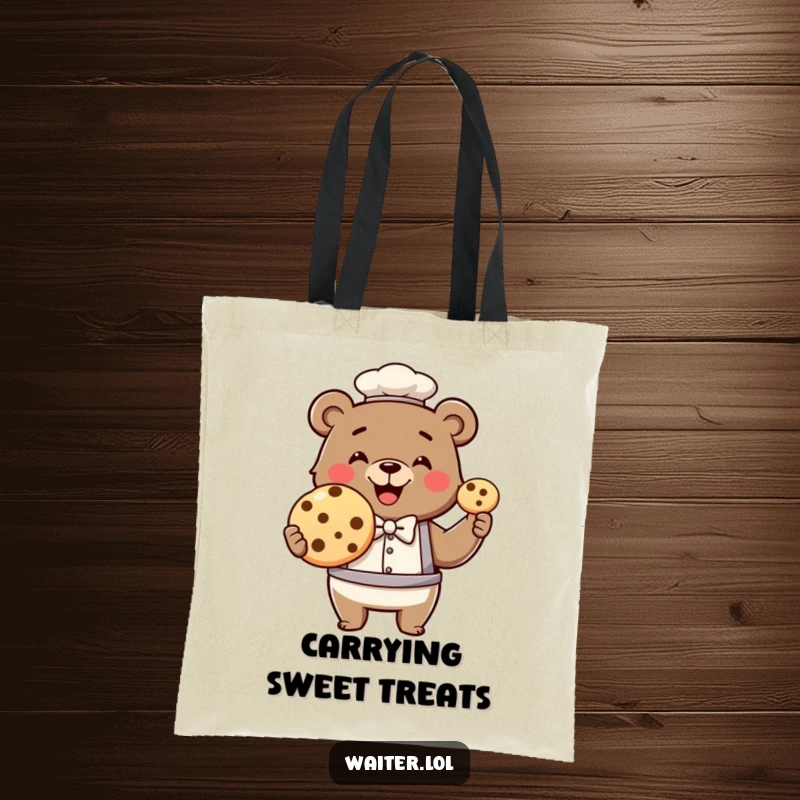 Funny bear waiter tote bag, a smiling bear in a bowtie proudly presents a single, enormous cookie for everyone to see.