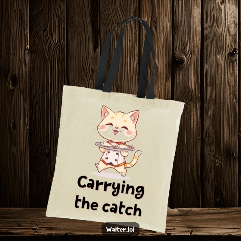 Funny cat waiter tote bag, a giggling cat in a waiter outfit tiptoes carefully with a plate full of miniature fish.
