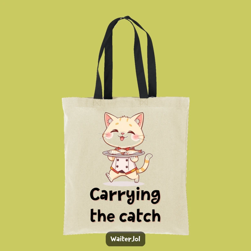 Funny Cat Waiter Tote Bag: Tiptoeing Fish Plate, Perfect Carry-All
