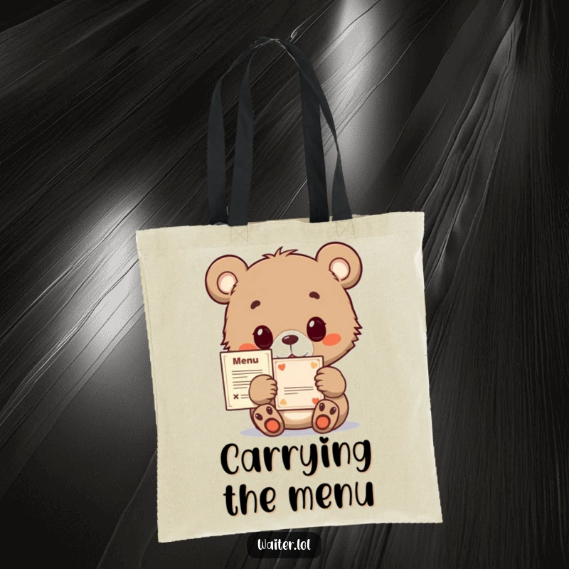 Funny bear cub tote bag with a hopeful expression, holding a tiny menu, perfect for everyday use and spreading smiles.