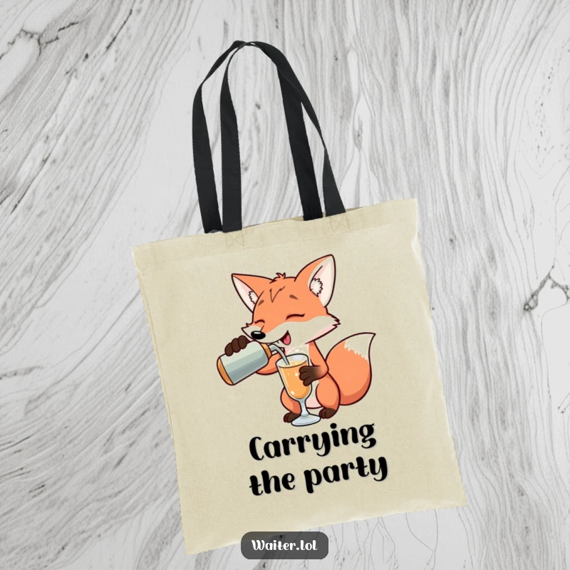 Funny playful fox pouring a drink with an exaggerated flourish on a tote bag, perfect for stylish storage, a funny gift.