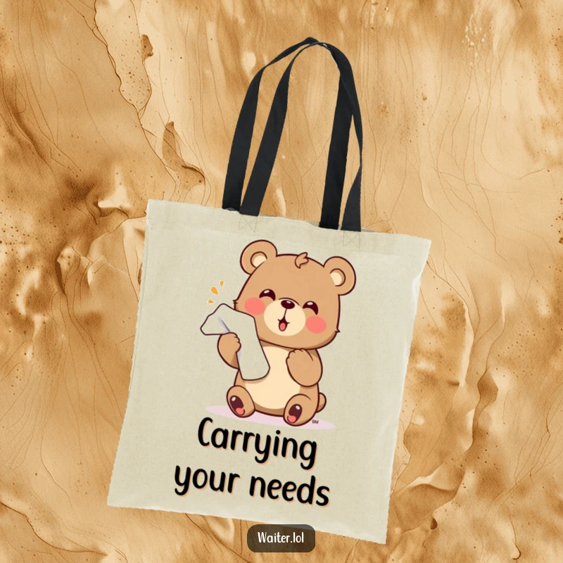 Funny bear tote bag featuring a little character enthusiastically offering a napkin with a flourish, perfect for cheerful carrying.