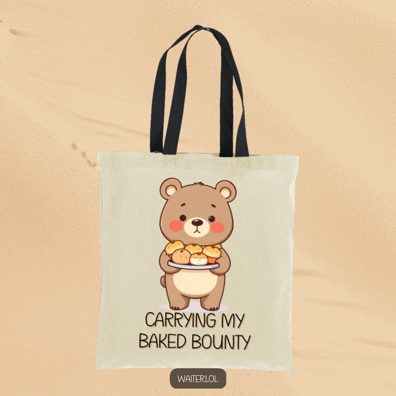 Funny Bear Pastry Tote Bag: A proud bear carefully carries a plate of pastries, making it a delightful carry-all.
