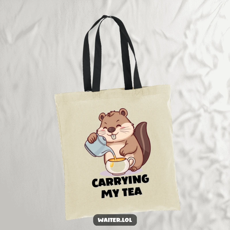 Funny beaver tea tote bag, a determined beaver pouring from a teapot, a stylish and humorous accessory for carrying essentials.