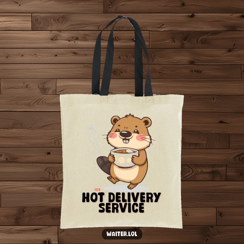 Funny beaver tote bag featuring a busy character carefully carrying a steaming bowl, perfect for diligent carrying.