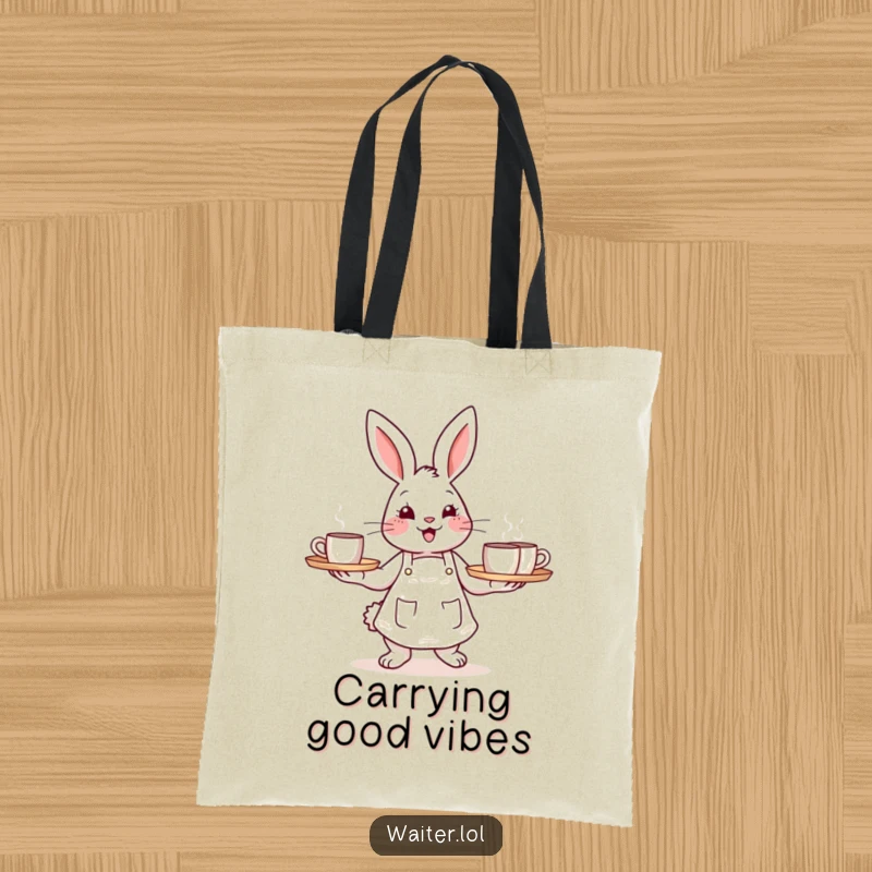 Funny tote bag with a cheerful bunny in an apron carrying a tray of steaming mugs, ideal for daily use.