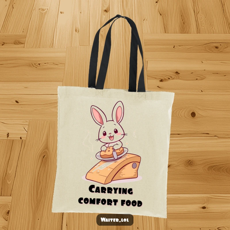 Funny cheerful bunny sliding a steaming plate down a ramp on a tote bag, showcasing speedy delivery and utility.