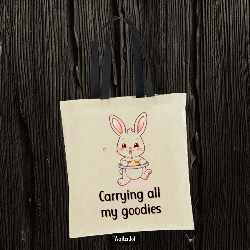 Funny Tote Bag with a playful bunny hopping with a tray, artfully containing a single spill, perfect for carrying with a humorous flair.