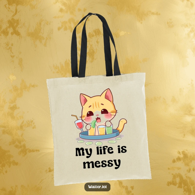 Funny tote bag illustrating a playful cat character with a surprised yelp, having spilled a tray of drinks.