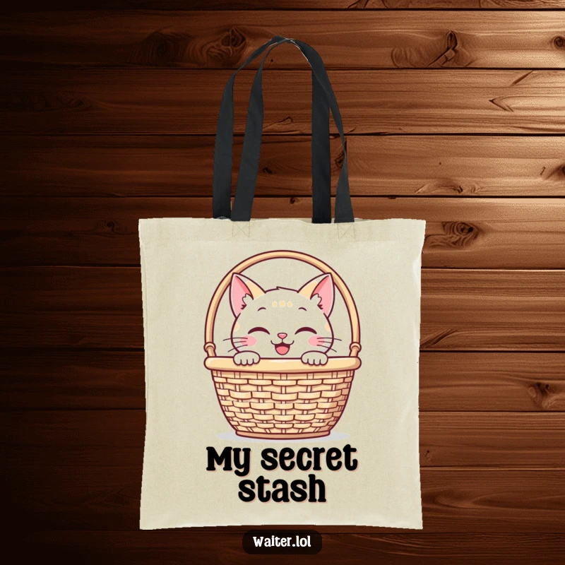 Funny tote bag featuring a smiling cat peeking from behind a napkin basket, ideal for carrying items with a humorous, stealthy vibe.