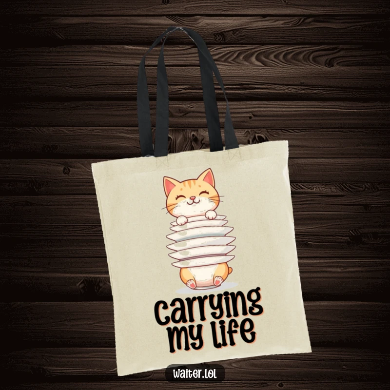 Funny cheerful cat balancing a huge stack of plates precariously on a tote bag, perfect for carrying essentials, a funny gift.