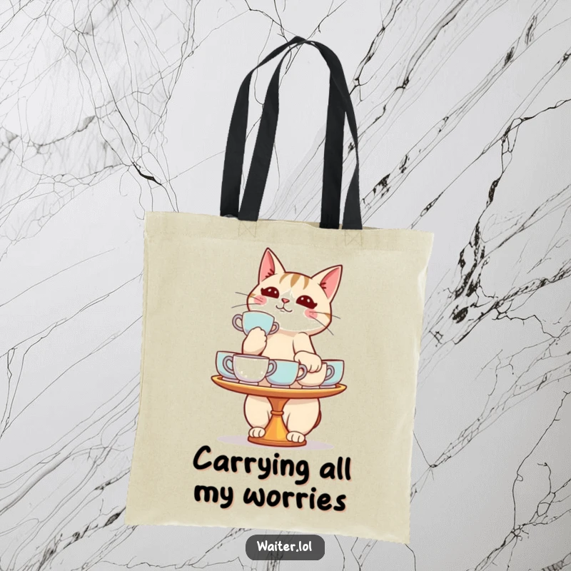 Funny cat tote bag illustrated with a determined cat balancing teacups, a witty and functional accessory for daily use.