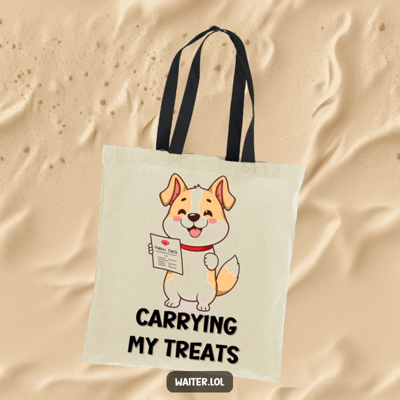 Funny tote bag featuring a cute, tail-wagging dog character enthusiastically presenting a restaurant menu.