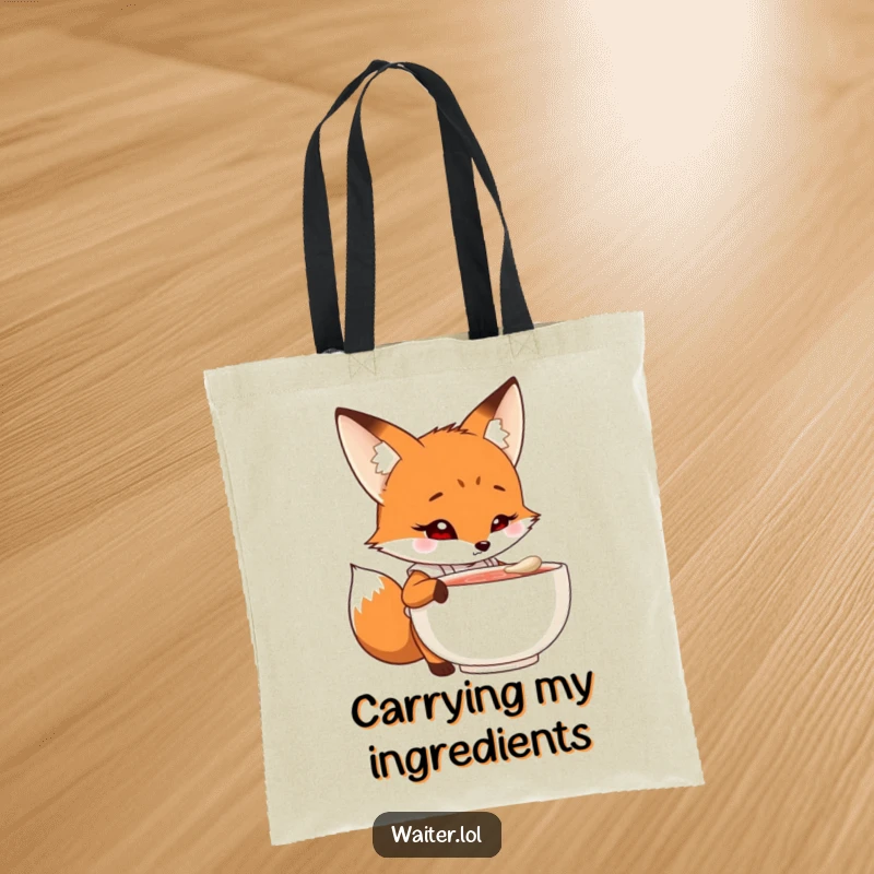 Funny fox chef tote bag with a curious cartoon fox in an apron peering into a steaming bowl with intrigue, stylish and humorous accessory.