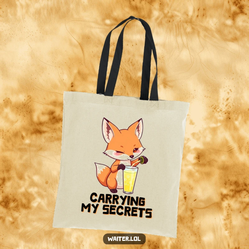 Funny fox tote bag illustrated with a playful fox pouring a drink with a mischievous twinkle, a witty and functional accessory.