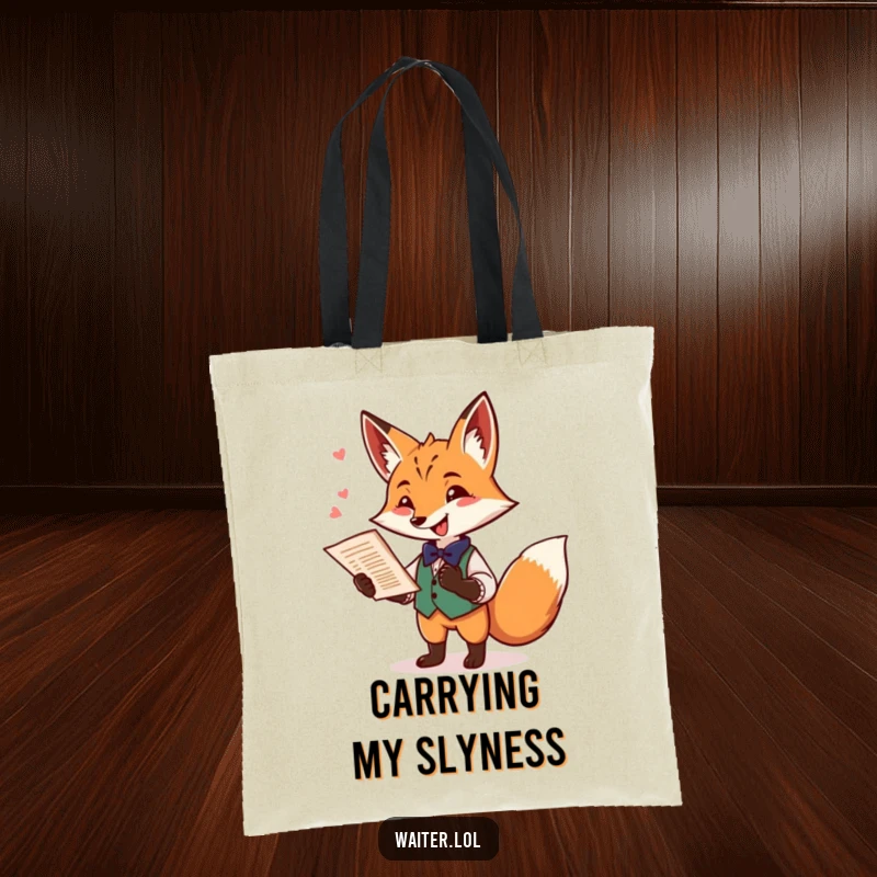 Funny fox waiter tote bag featuring a playful fox offering a menu with a flourish and a mischievous twinkle, for stylish carrying.