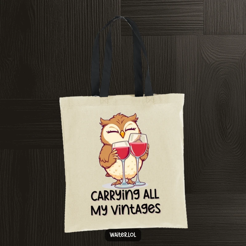 Funny tote bag showcasing a giggling owl winking as it polishes a wine glass, a stylish and humorous carrying solution.