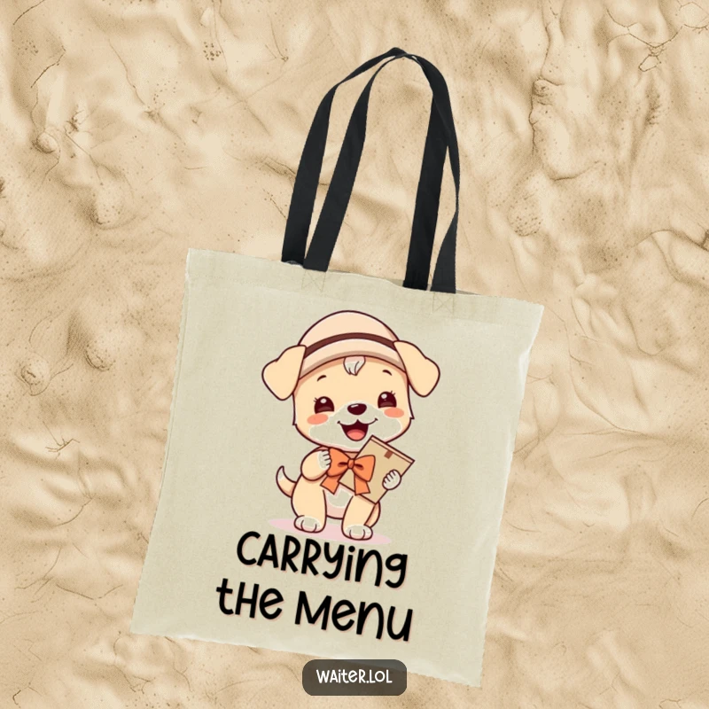 Funny tote bag with a giggling puppy in a hat and bow, proudly carrying a menu, perfect for carrying items with adorable hospitality and humor.