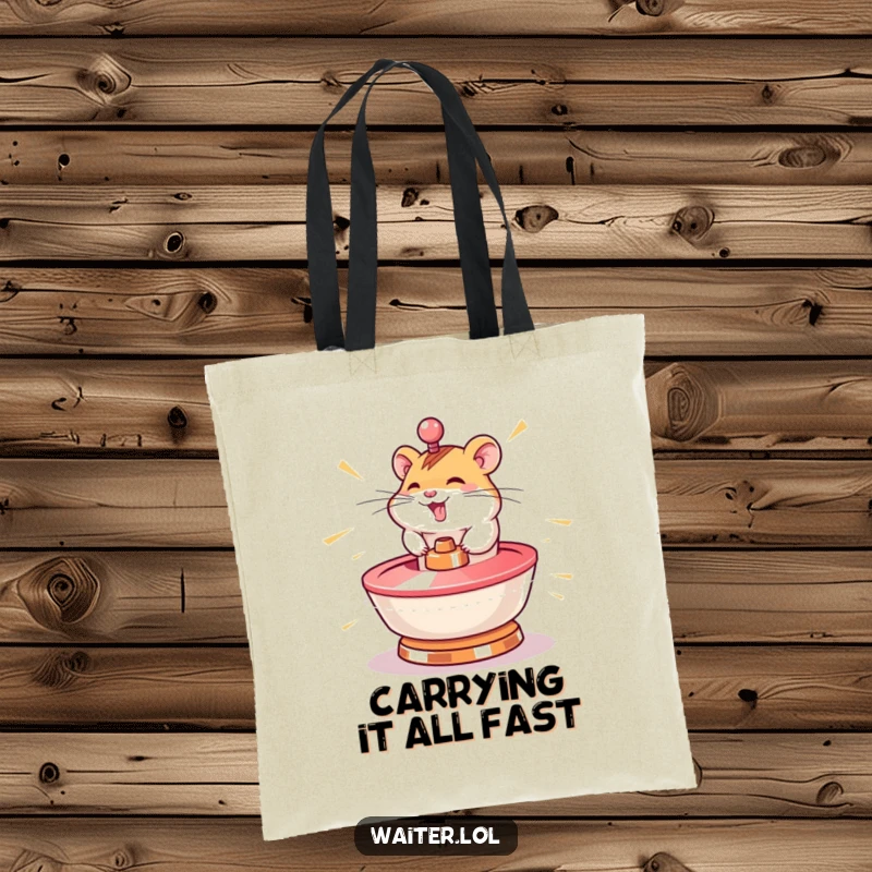 Funny hamster tote bag featuring a giggling character spinning a lazy susan at lightning speed, perfect for swift carrying.