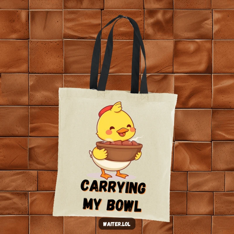 Funny happy duck bowl tote bag, a proud duck carrying a large steaming bowl, a cheerful and spacious accessory.
