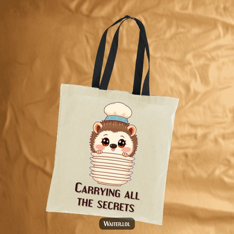 Funny Hedgehog Waiter Tote Bag: Curious hedgehog waiter peering from behind a tall stack of plates, ideal for carrying items.
