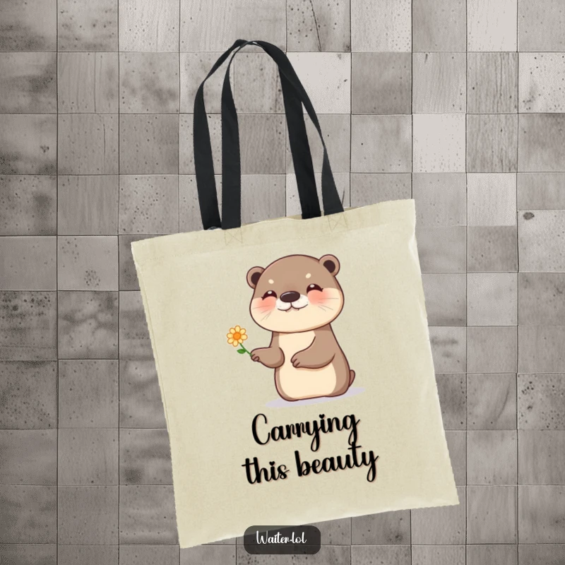 Funny otter flower tote bag, a giggling otter presenting a single, tiny flower with a flourish, stylish and fun.