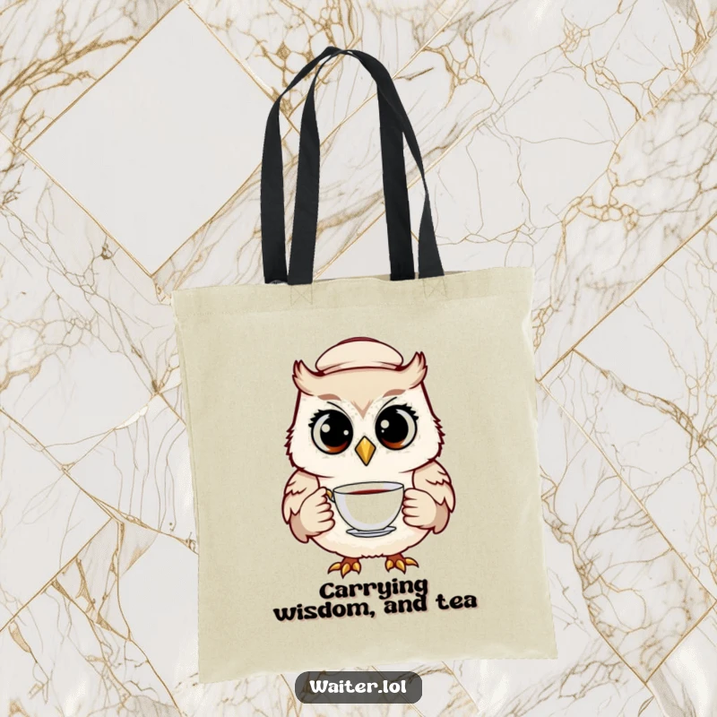 Funny owl waiter tote bag featuring a cheerful bird in a cap, holding a teacup with wide, knowing eyes, for stylish, humorous carrying.