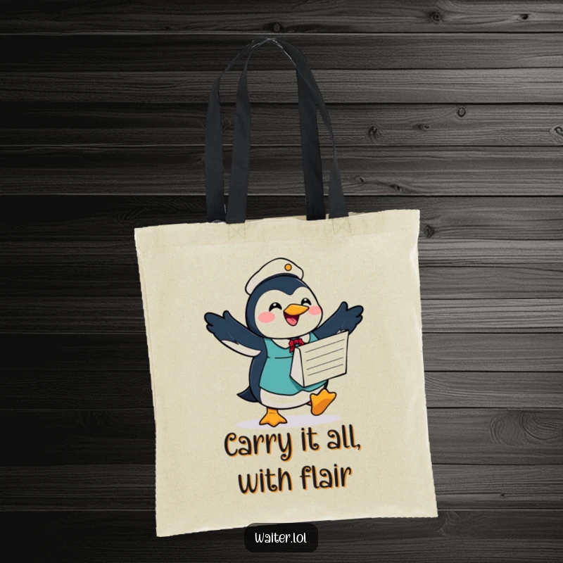 Funny tote bag with a joyful penguin waiter waddling, holding a large order form and looking hopeful, ideal for shopping or errands.