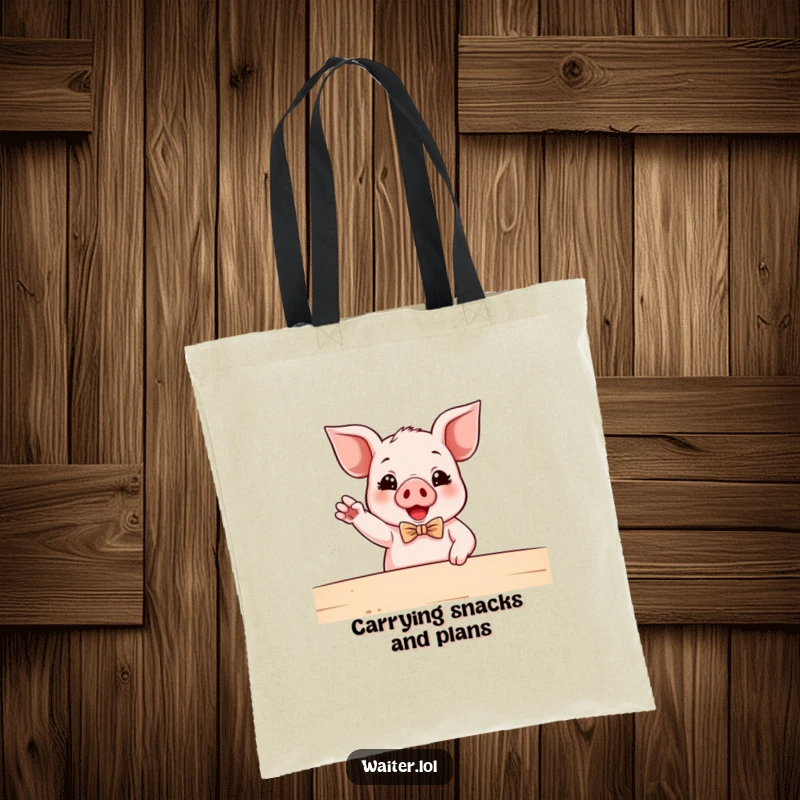 Funny Piglet Waiter Tote Bag: A distinguished piglet in a bowtie energetically points to a table, showcasing enthusiastic hospitality.