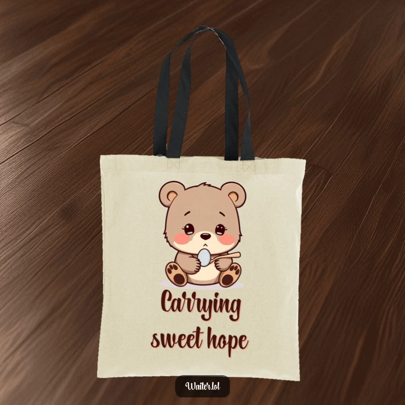 Funny tote bag with a shy bear cub shyly offering a tiny spoon with a hopeful expression, perfect for carrying essentials with a touch of sweetness.