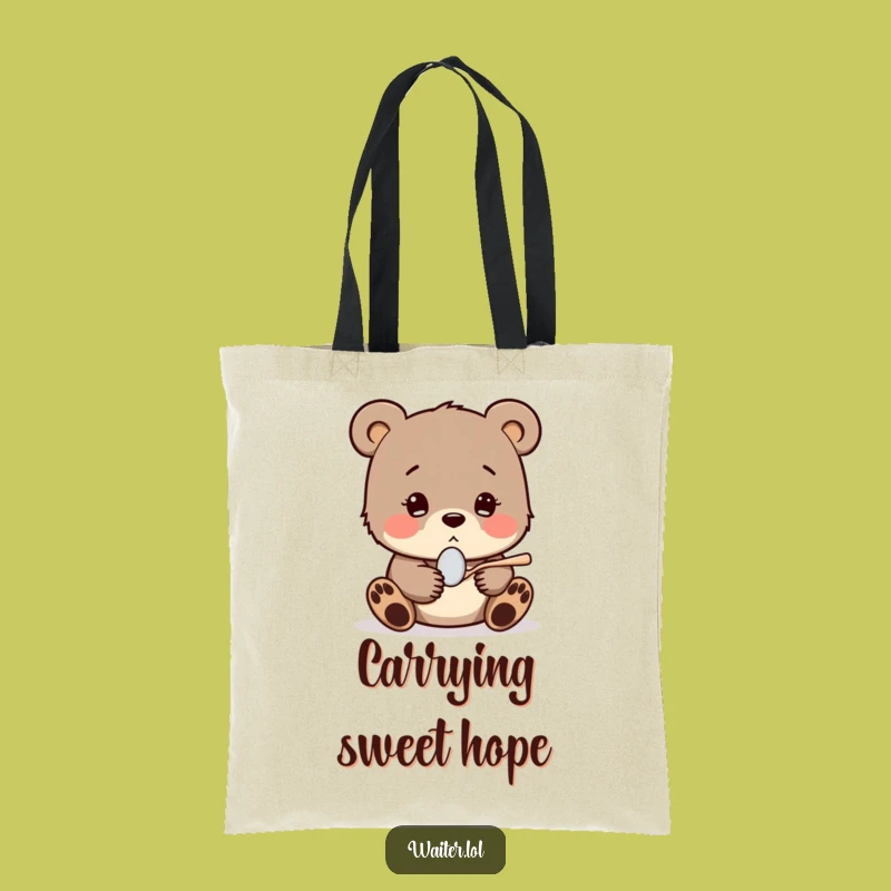 Funny Shy Bear Cub Spoon Tote Bag: Carry Your Kindness with this Hopeful Design