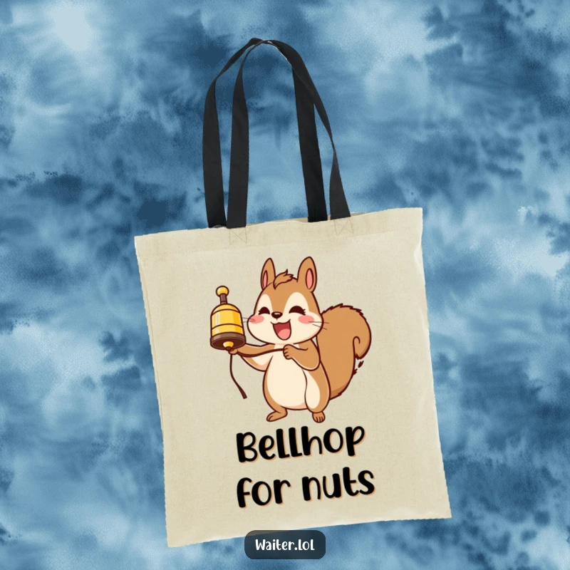 Funny squirrel tote bag, happily ringing a service bell, ready to help and bring joy, a practical and funny accessory.
