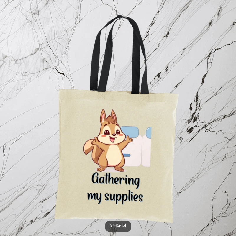 Funny tote bag featuring an energetic squirrel enthusiastically refilling a teacup with wide, excited eyes.