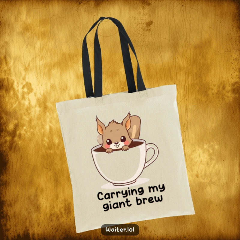 Funny Squirrel Tote Bag: A curious squirrel peeks from behind a large coffee cup, ideal for carrying coffee and essentials.