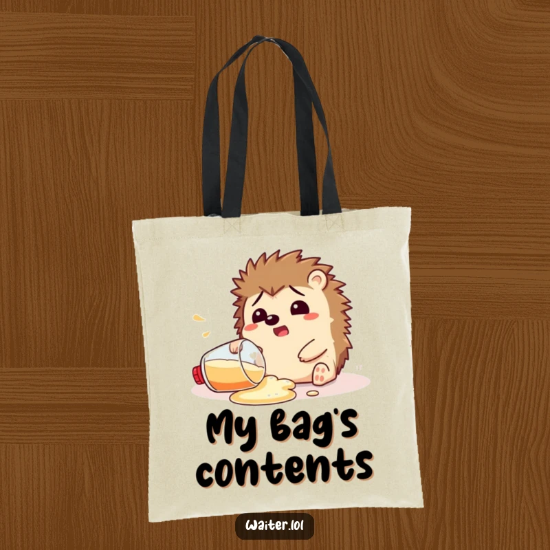 Funny Tote Bag with a startled hedgehog spilling a drink, a humorous and practical accessory for everyday use.