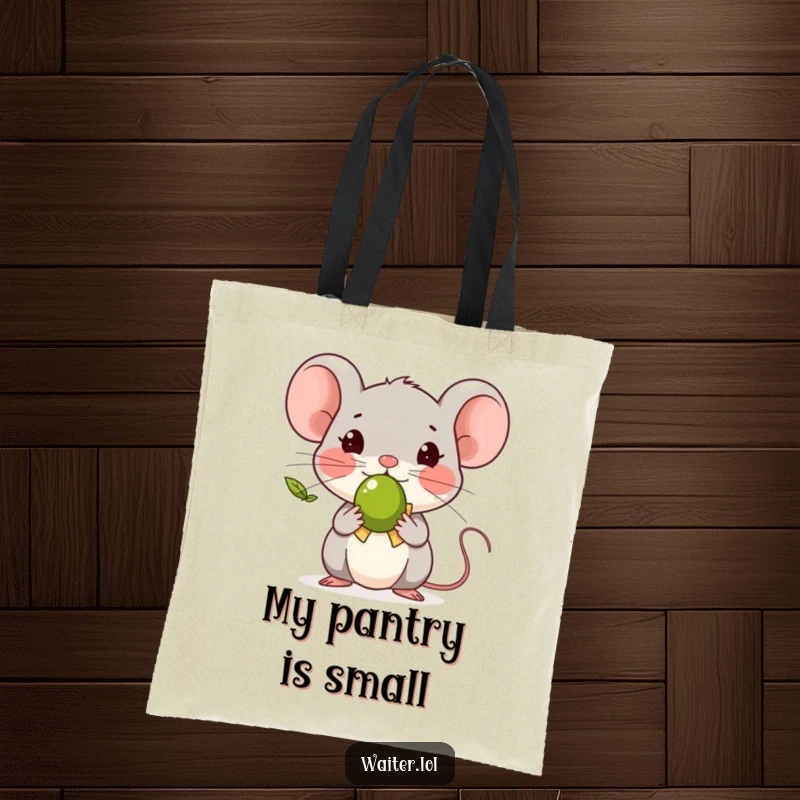 Funny tiny mouse character bowing politely with a single olive, featured on a durable and stylish tote bag.