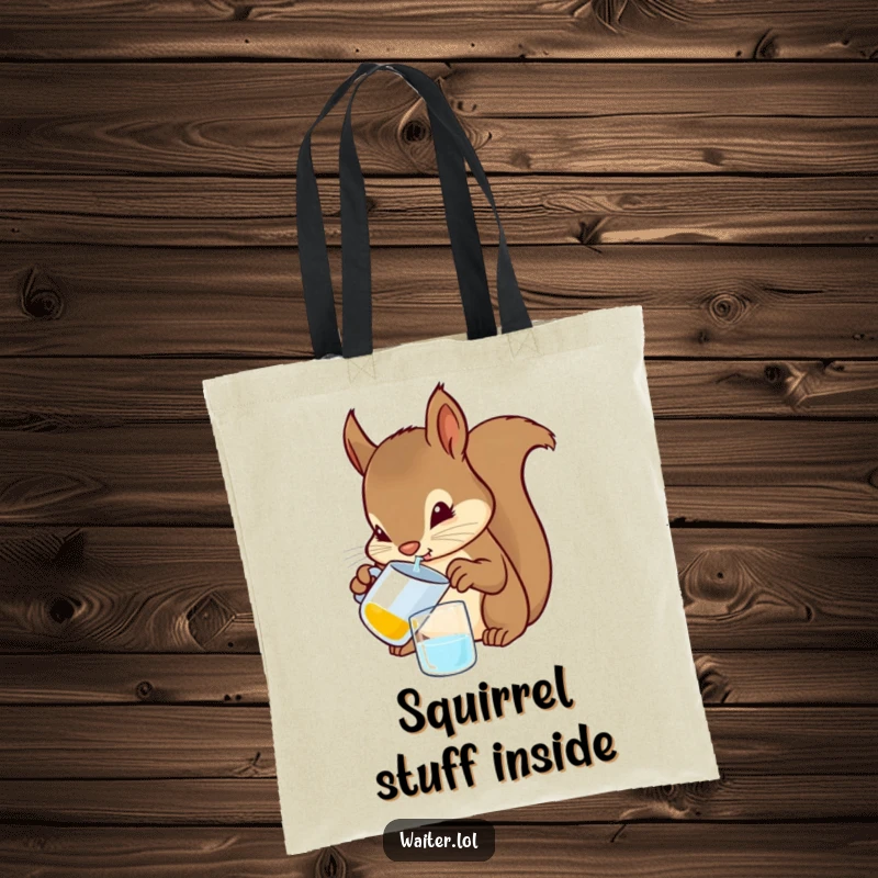 Funny Squirrel Bartender Tote Bag: A determined squirrel pouring a drink from a tiny pitcher, printed on a durable tote bag for everyday use.