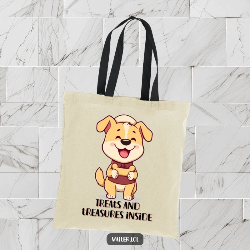 Funny Dog Waiter Tote Bag: A happy dog waiter wagging its tail enthusiastically presents a bone-shaped treat for carrying essentials.